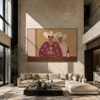 Two Cowboys Share Wine - cowboy pair with wine by Marcus Lau, Retro Modern horizontal wall art – styled room scene view 1