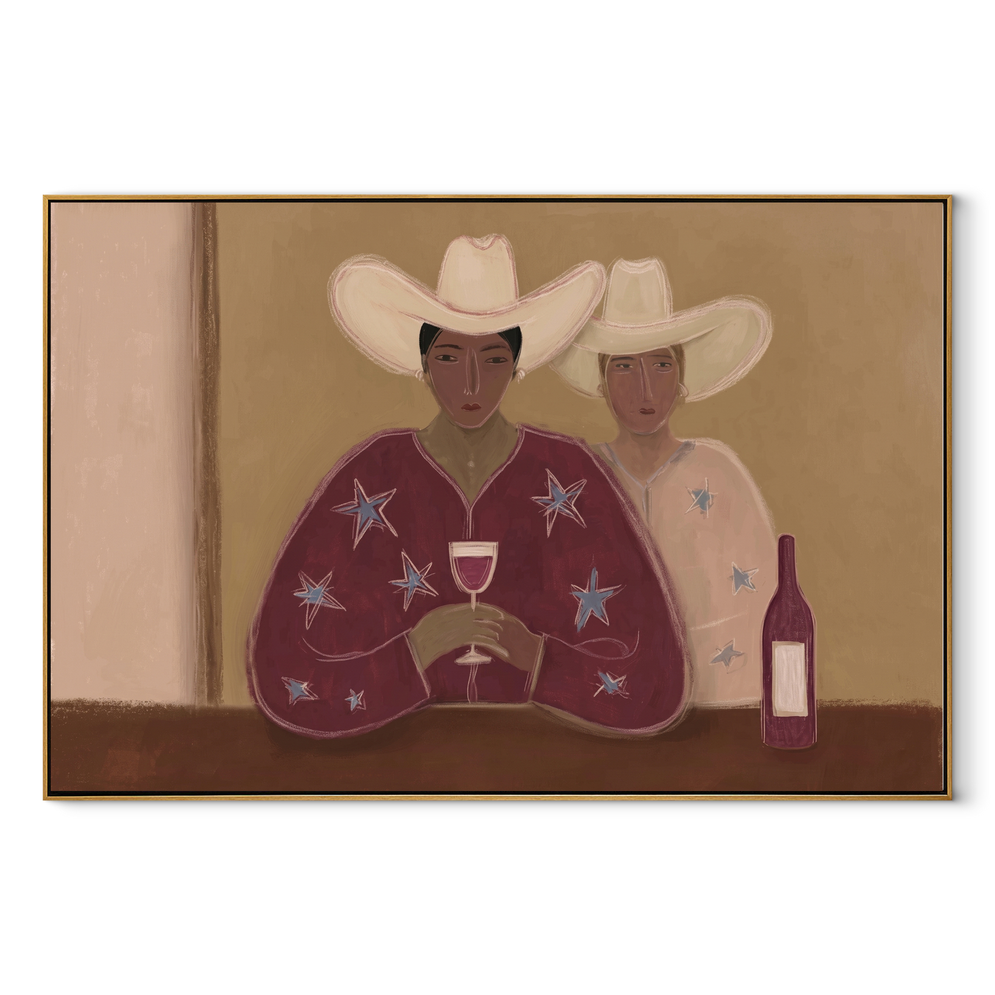 Two Cowboys Share Wine - cowboy pair with wine by Marcus Lau, Retro Modern horizontal wall art – wood frame on white background