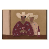 Two Cowboys Share Wine - cowboy pair with wine by Marcus Lau, Retro Modern horizontal wall art – wood frame on white background