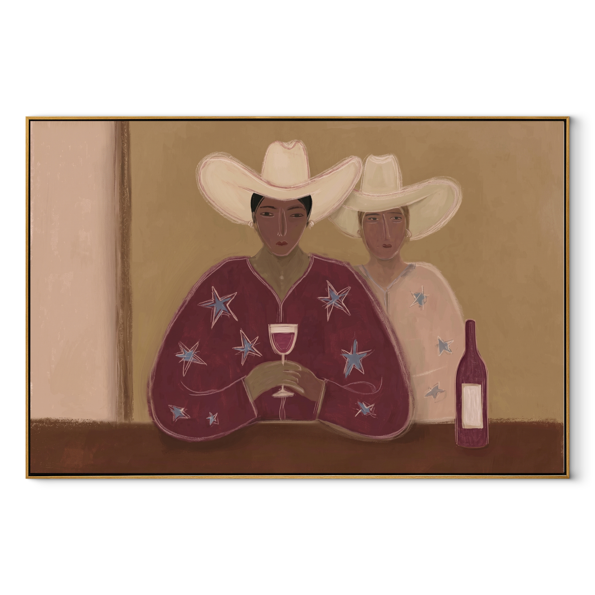 Two Cowboys Share Wine - cowboy pair with wine by Marcus Lau, Retro Modern horizontal wall art – wood frame on white background