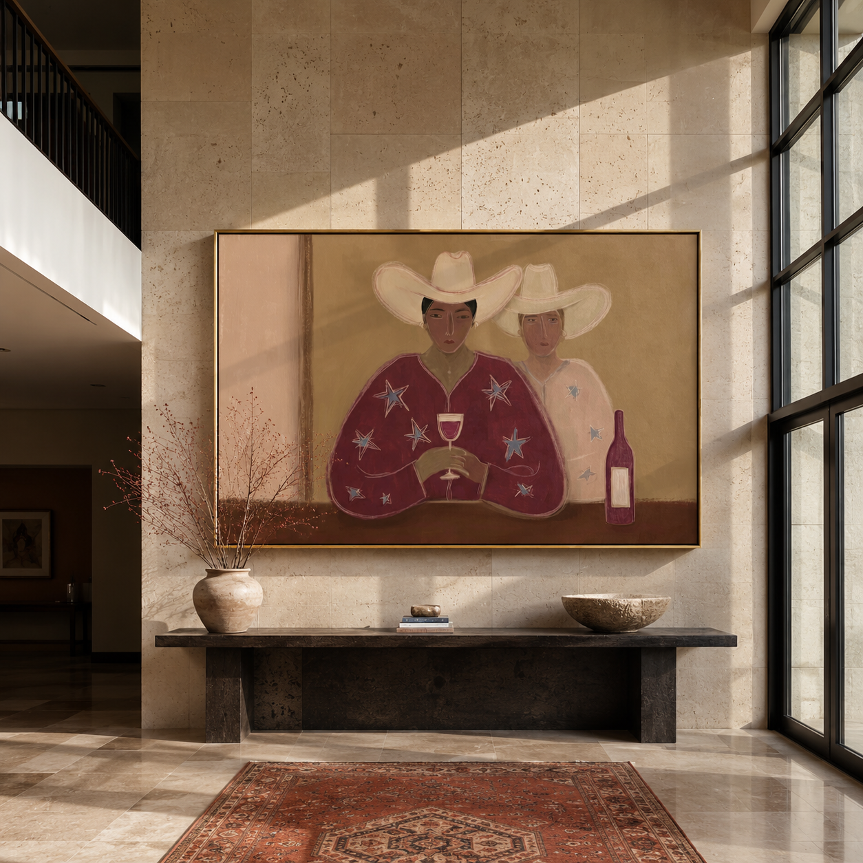 Two Cowboys Share Wine - cowboy pair with wine by Marcus Lau, Retro Modern horizontal wall art – styled room scene view 2