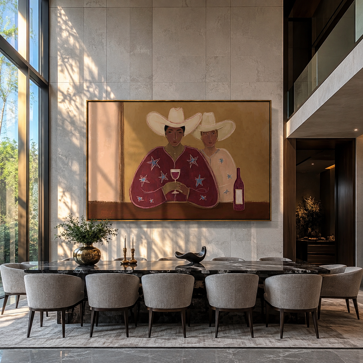 Two Cowboys Share Wine - cowboy pair with wine by Marcus Lau, Retro Modern horizontal wall art – styled room scene view 3