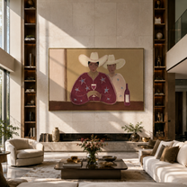 Two Cowboys Share Wine - cowboy pair with wine by Marcus Lau, Retro Modern horizontal wall art – styled room scene view 4