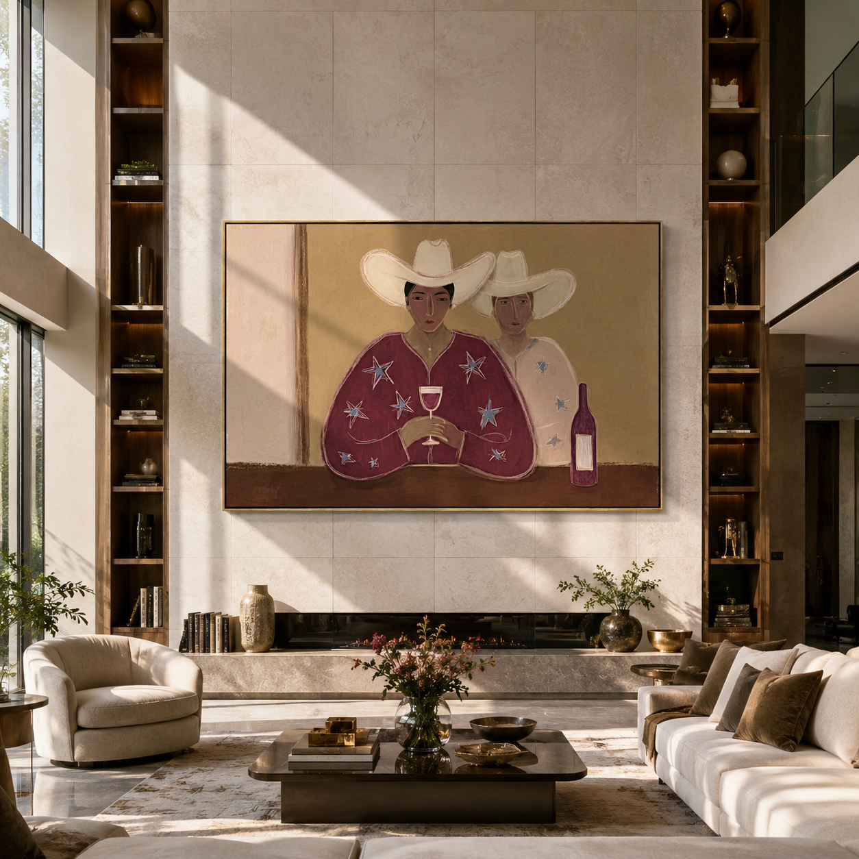 Two Cowboys Share Wine - cowboy pair with wine by Marcus Lau, Retro Modern horizontal wall art – styled room scene view 4