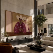 Two Cowboys Share Wine - cowboy pair with wine by Marcus Lau, Retro Modern horizontal wall art – styled room scene view 5