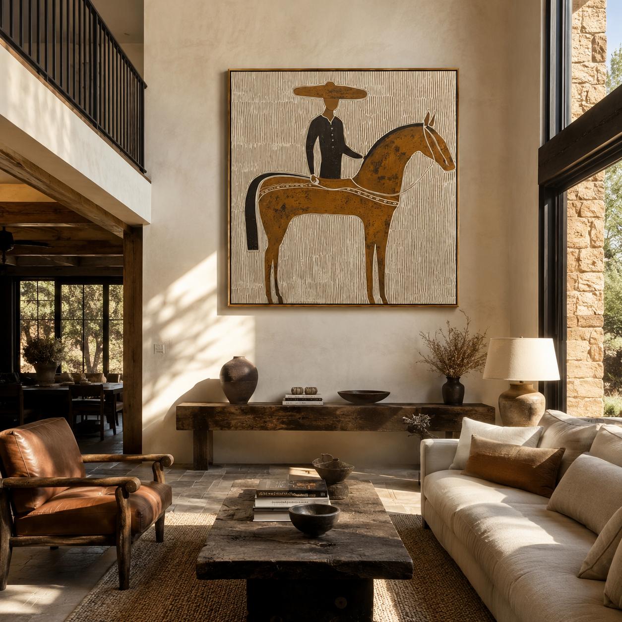 Golden Horse Carries Black - black rider on gold horse by Marcus Lau, Retro Modern square wall art – styled room scene view 1