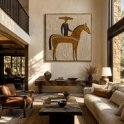 Golden Horse Carries Black - black rider on gold horse by Marcus Lau, Retro Modern square wall art – styled room scene view 1