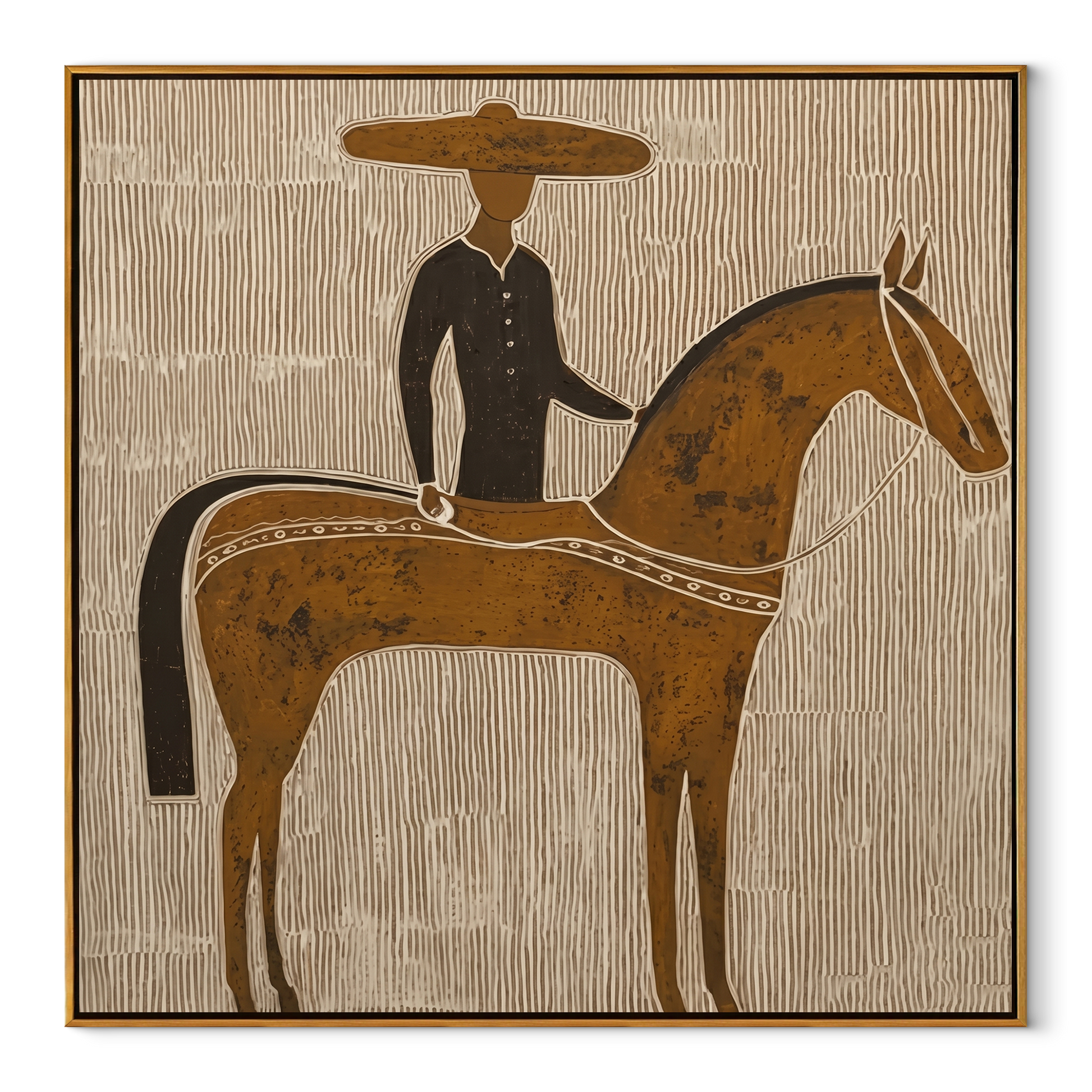 Golden Horse Carries Black - black rider on gold horse by Marcus Lau, Retro Modern square wall art – wood frame on white background