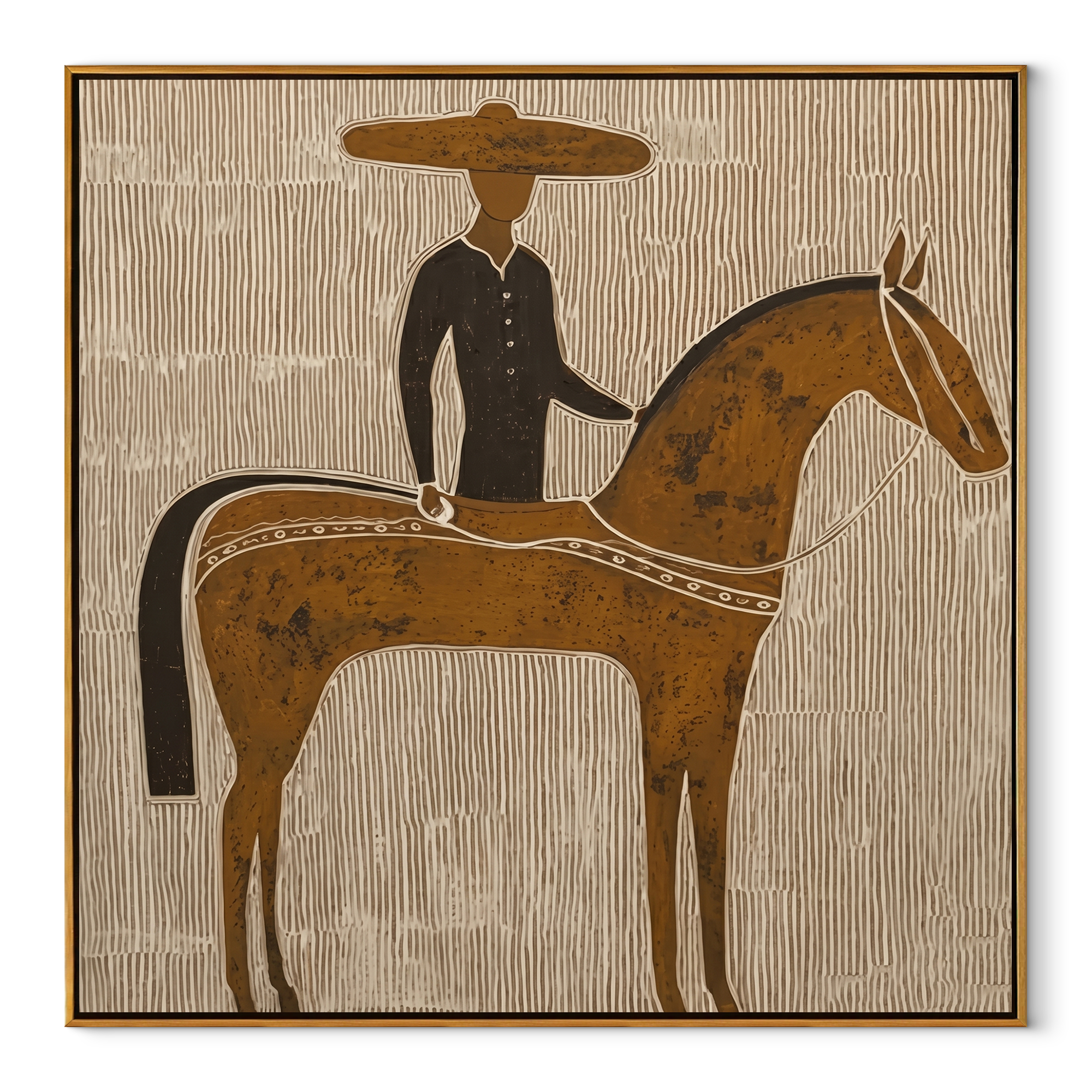 Golden Horse Carries Black - black rider on gold horse by Marcus Lau, Retro Modern square wall art – wood frame on white background