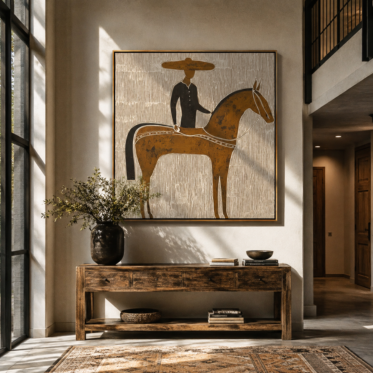 Golden Horse Carries Black - black rider on gold horse by Marcus Lau, Retro Modern square wall art – styled room scene view 2