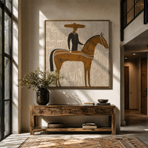 Golden Horse Carries Black - black rider on gold horse by Marcus Lau, Retro Modern square wall art – styled room scene view 2