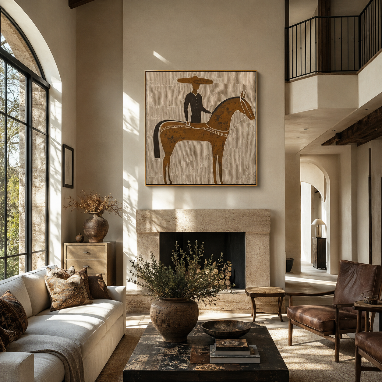Golden Horse Carries Black - black rider on gold horse by Marcus Lau, Retro Modern square wall art – styled room scene view 3