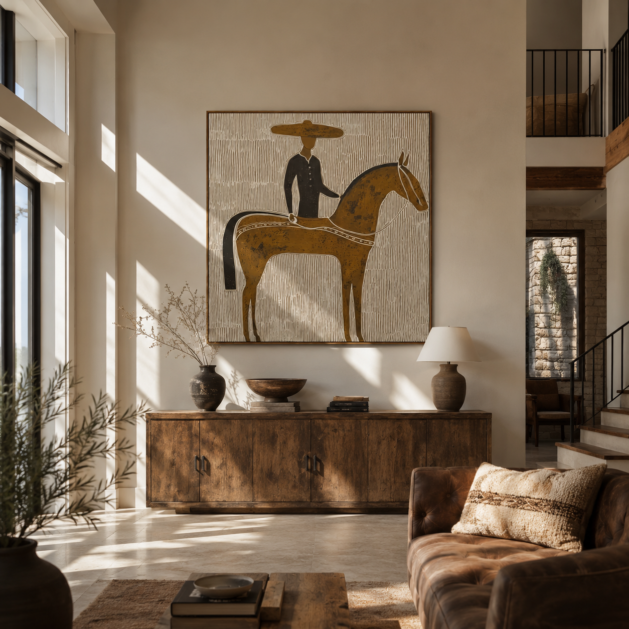 Golden Horse Carries Black - black rider on gold horse by Marcus Lau, Retro Modern square wall art – styled room scene view 4