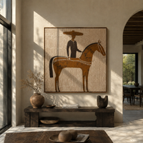 Golden Horse Carries Black - black rider on gold horse by Marcus Lau, Retro Modern square wall art – styled room scene view 5
