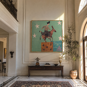 Donkey Climbs Through Starlight - rider on donkey by Marcus Lau, Retro Modern square wall art – styled room scene view 1