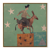 Donkey Climbs Through Starlight - rider on donkey by Marcus Lau, Retro Modern square wall art – wood frame on white background