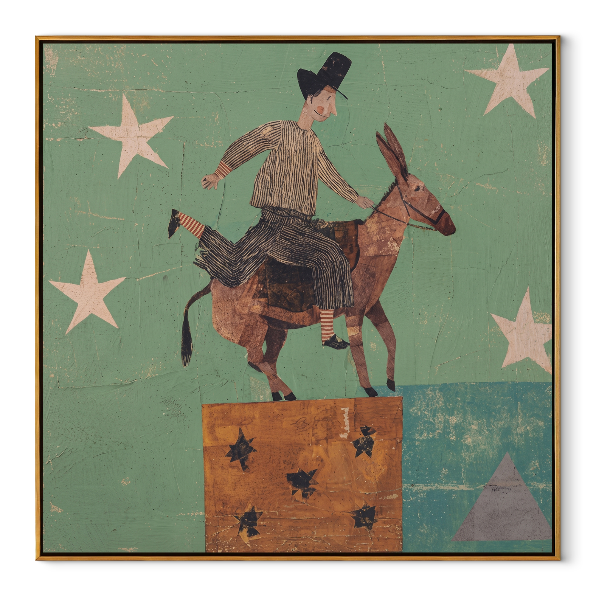 Donkey Climbs Through Starlight - rider on donkey by Marcus Lau, Retro Modern square wall art – wood frame on white background