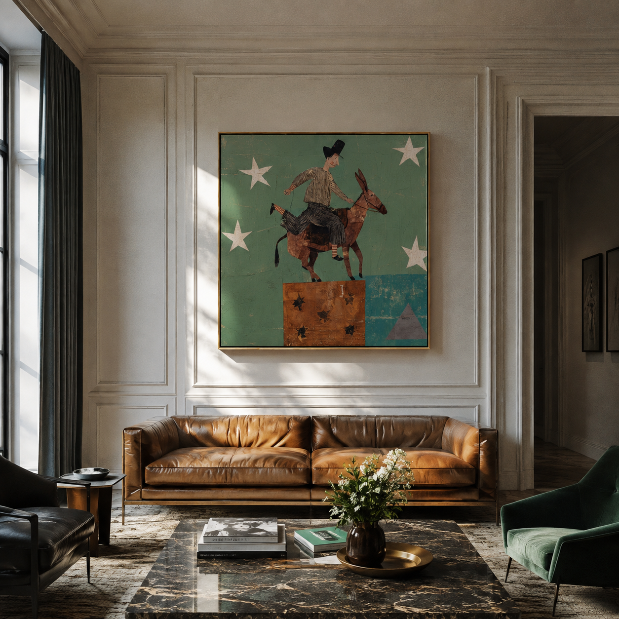 Donkey Climbs Through Starlight - rider on donkey by Marcus Lau, Retro Modern square wall art – styled room scene view 2