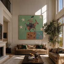 Donkey Climbs Through Starlight - rider on donkey by Marcus Lau, Retro Modern square wall art – styled room scene view 3