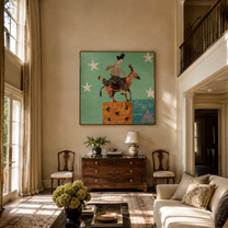 Donkey Climbs Through Starlight - rider on donkey by Marcus Lau, Retro Modern square wall art – styled room scene view 4