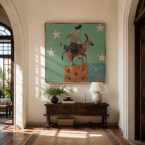 Donkey Climbs Through Starlight - rider on donkey by Marcus Lau, Retro Modern square wall art – styled room scene view 5