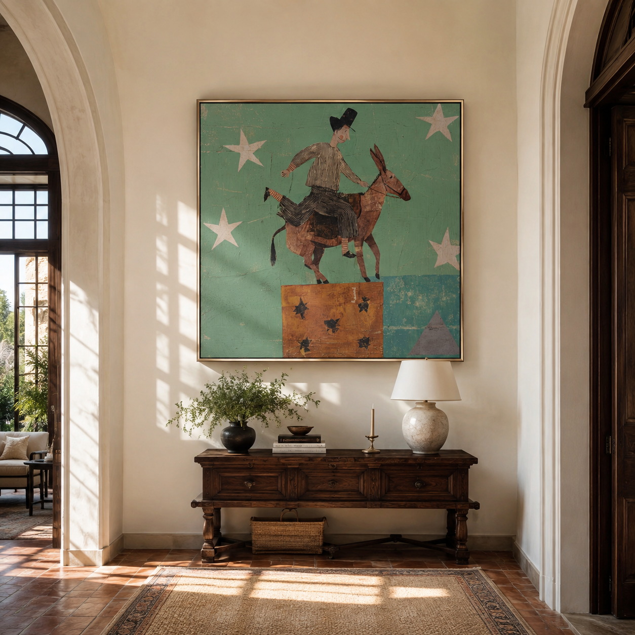 Donkey Climbs Through Starlight - rider on donkey by Marcus Lau, Retro Modern square wall art – styled room scene view 5