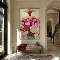 Pink Bouquet Fills Arms - woman holding pink flowers by Marcus Lau, Retro Modern vertical wall art – styled room scene view 1