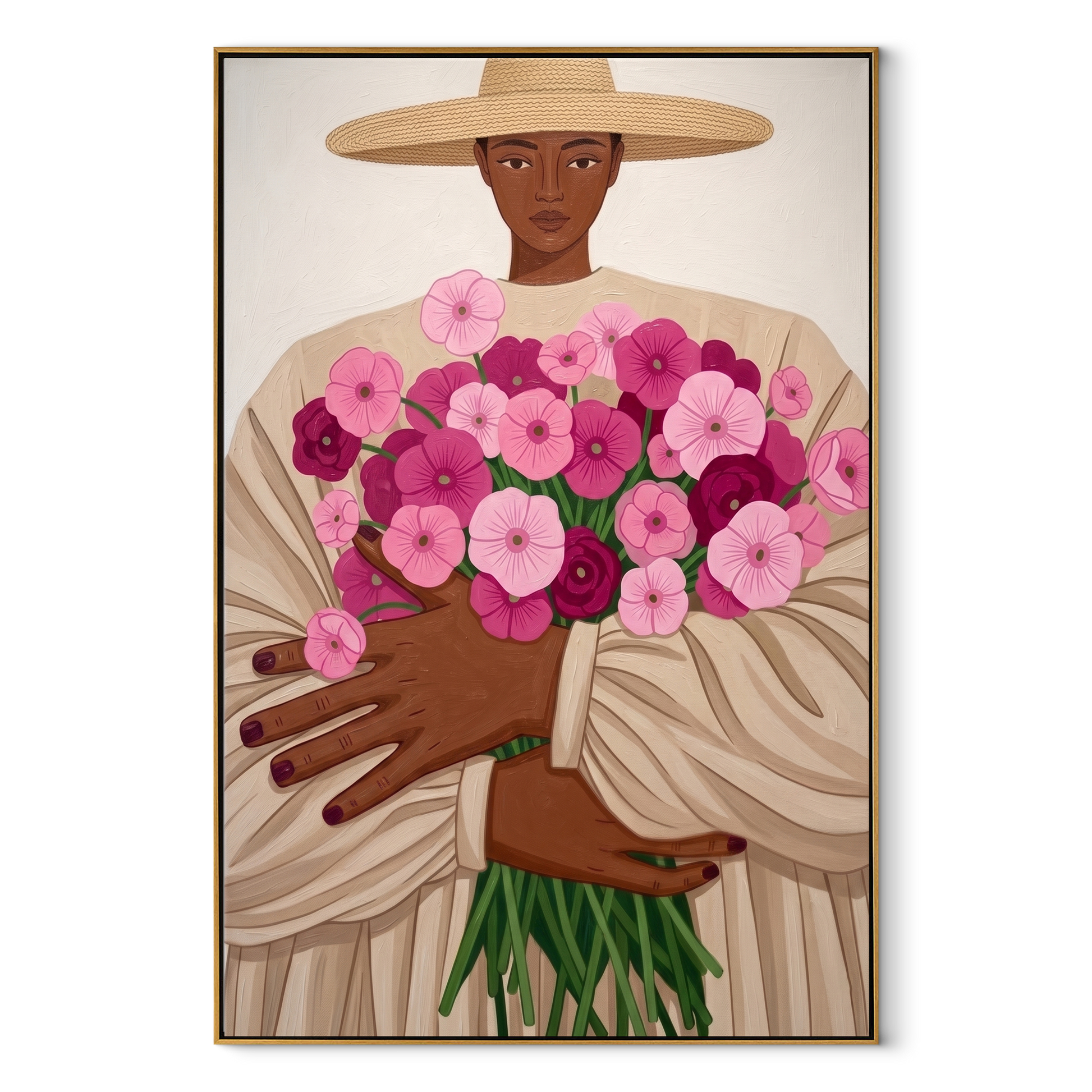 Pink Bouquet Fills Arms - woman holding pink flowers by Marcus Lau, Retro Modern vertical wall art – wood frame on white background