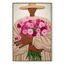 Pink Bouquet Fills Arms - woman holding pink flowers by Marcus Lau, Retro Modern vertical wall art – wood frame on white background