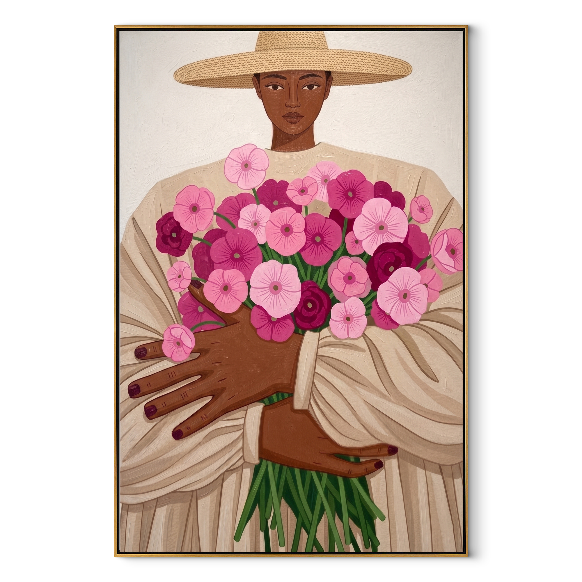Pink Bouquet Fills Arms - woman holding pink flowers by Marcus Lau, Retro Modern vertical wall art – wood frame on white background