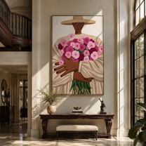 Pink Bouquet Fills Arms - woman holding pink flowers by Marcus Lau, Retro Modern vertical wall art – styled room scene view 2