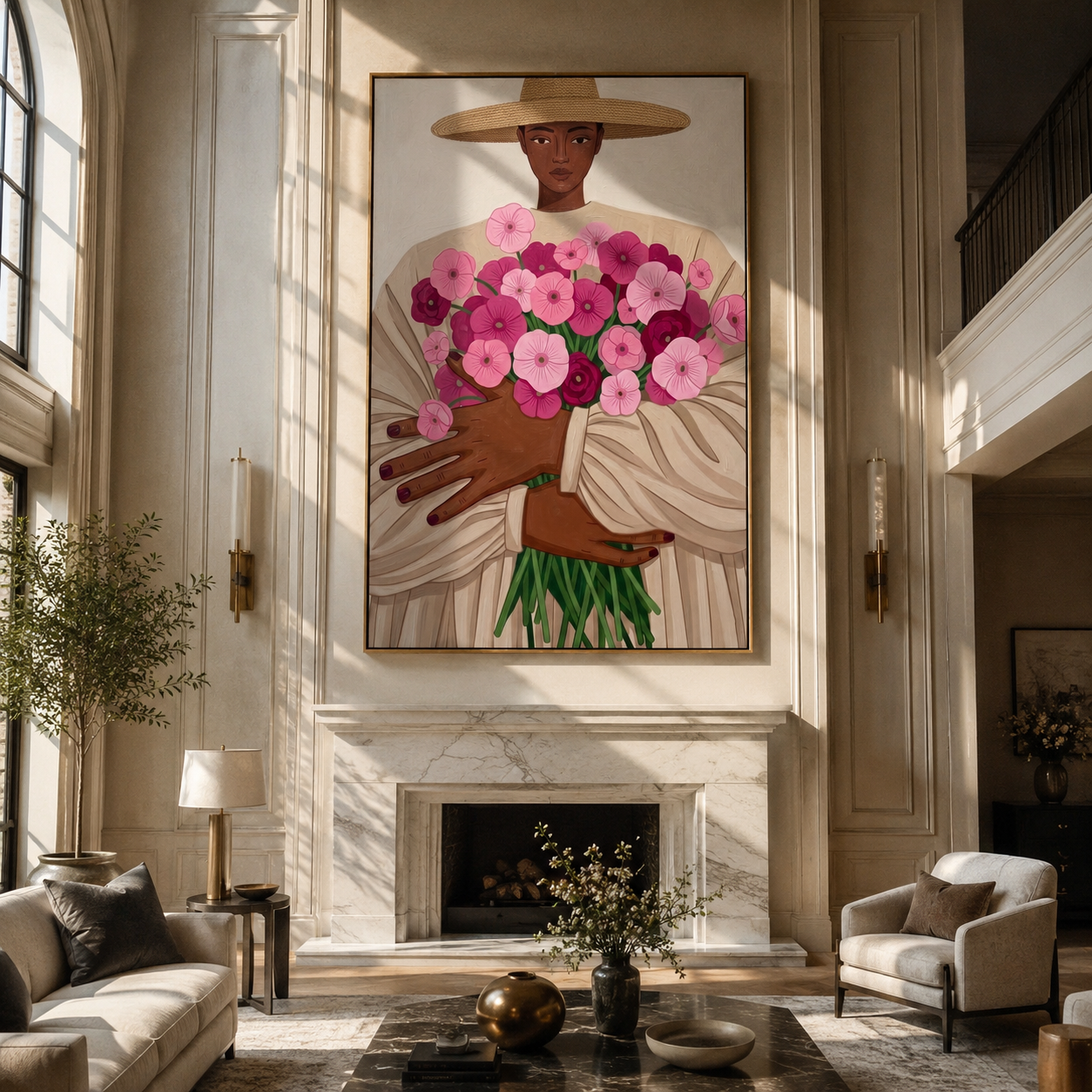 Pink Bouquet Fills Arms - woman holding pink flowers by Marcus Lau, Retro Modern vertical wall art – styled room scene view 3