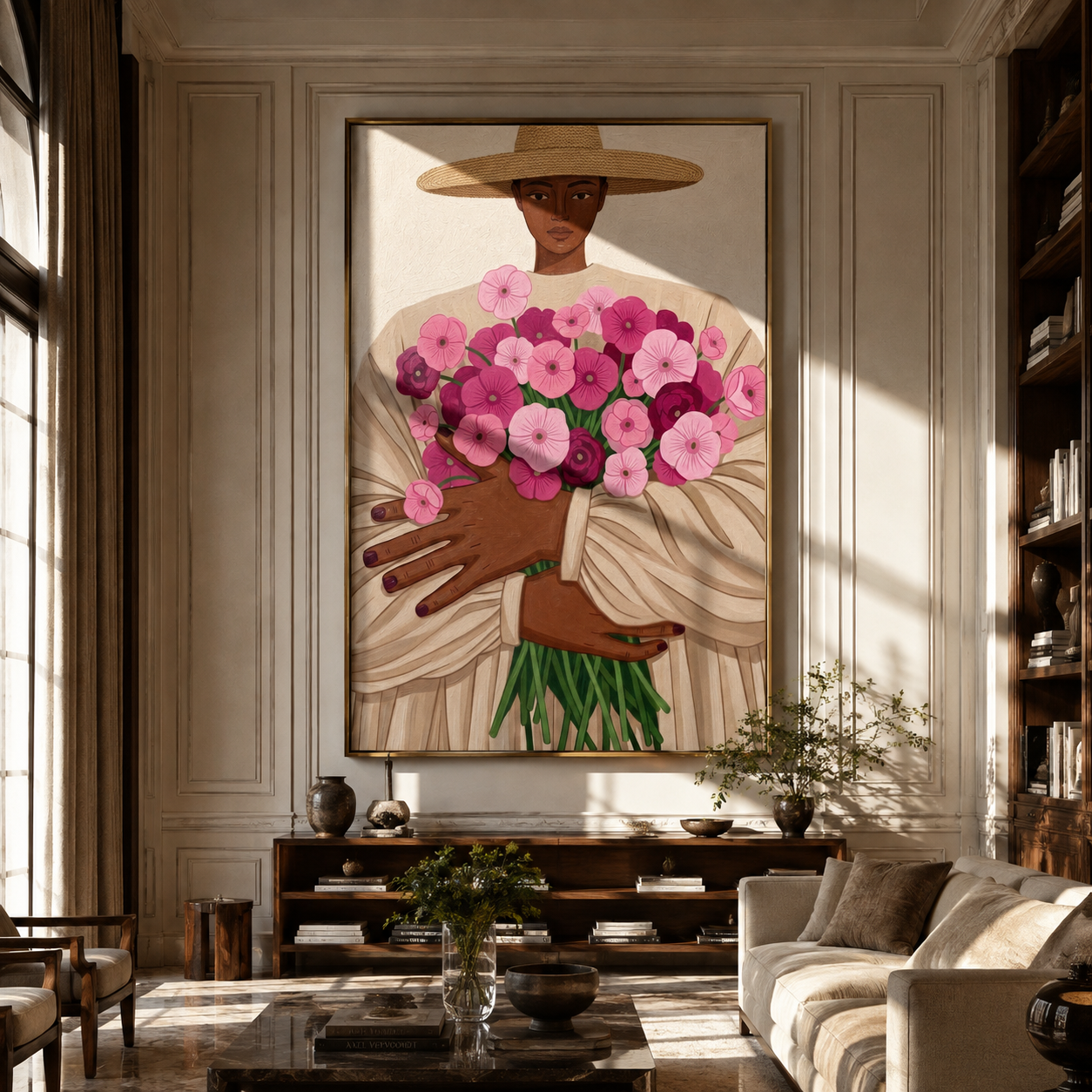 Pink Bouquet Fills Arms - woman holding pink flowers by Marcus Lau, Retro Modern vertical wall art – styled room scene view 4