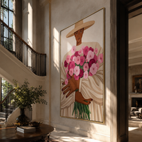 Pink Bouquet Fills Arms - woman holding pink flowers by Marcus Lau, Retro Modern vertical wall art – styled room scene view 5