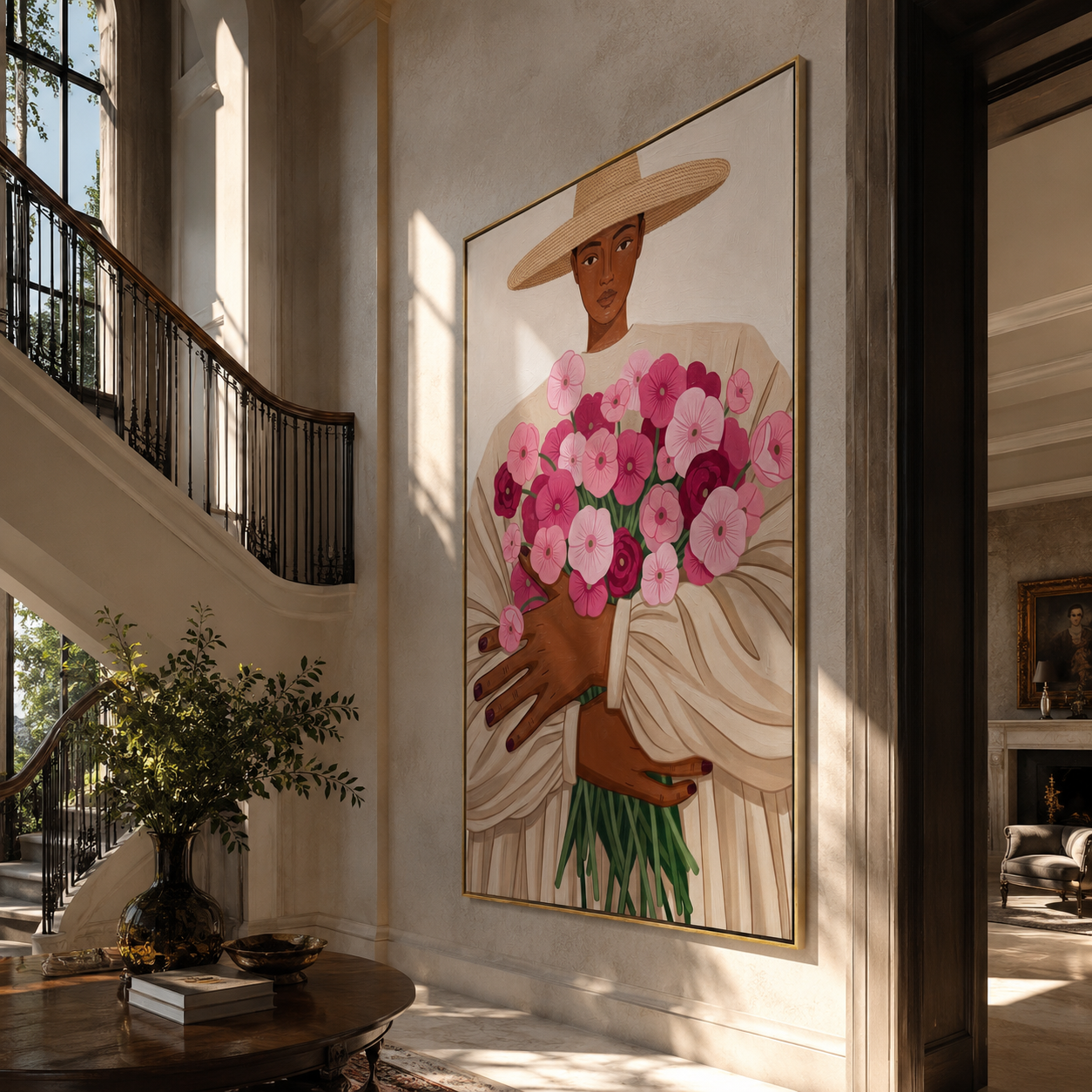 Pink Bouquet Fills Arms - woman holding pink flowers by Marcus Lau, Retro Modern vertical wall art – styled room scene view 5