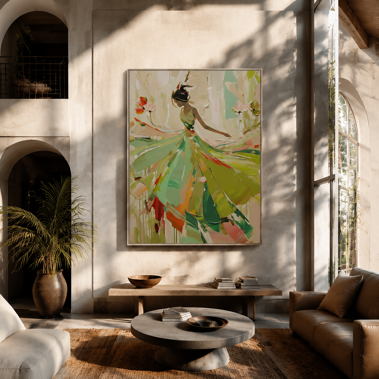 Green Dress Spins Spring - green dancer in flowers by Marcus Lau, Retro Modern vertical wall art – styled room scene view 1
