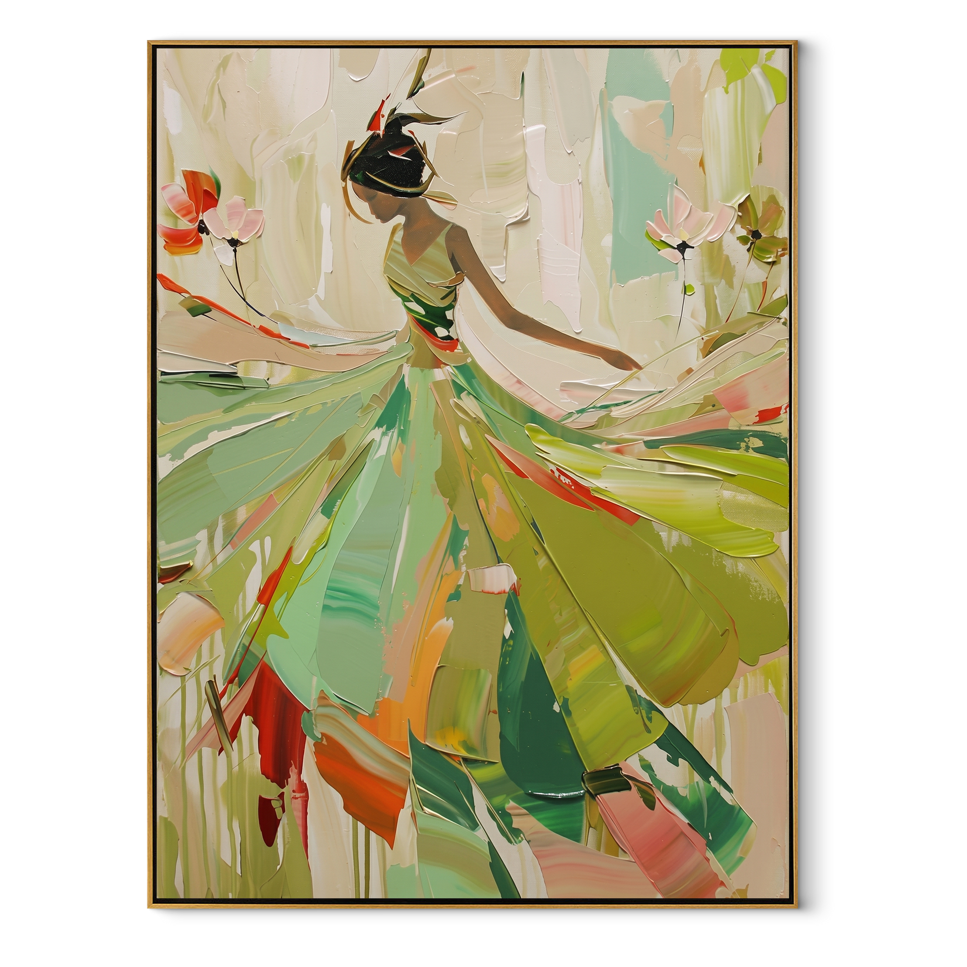 Green Dress Spins Spring - green dancer in flowers by Marcus Lau, Retro Modern vertical wall art – wood frame on white background