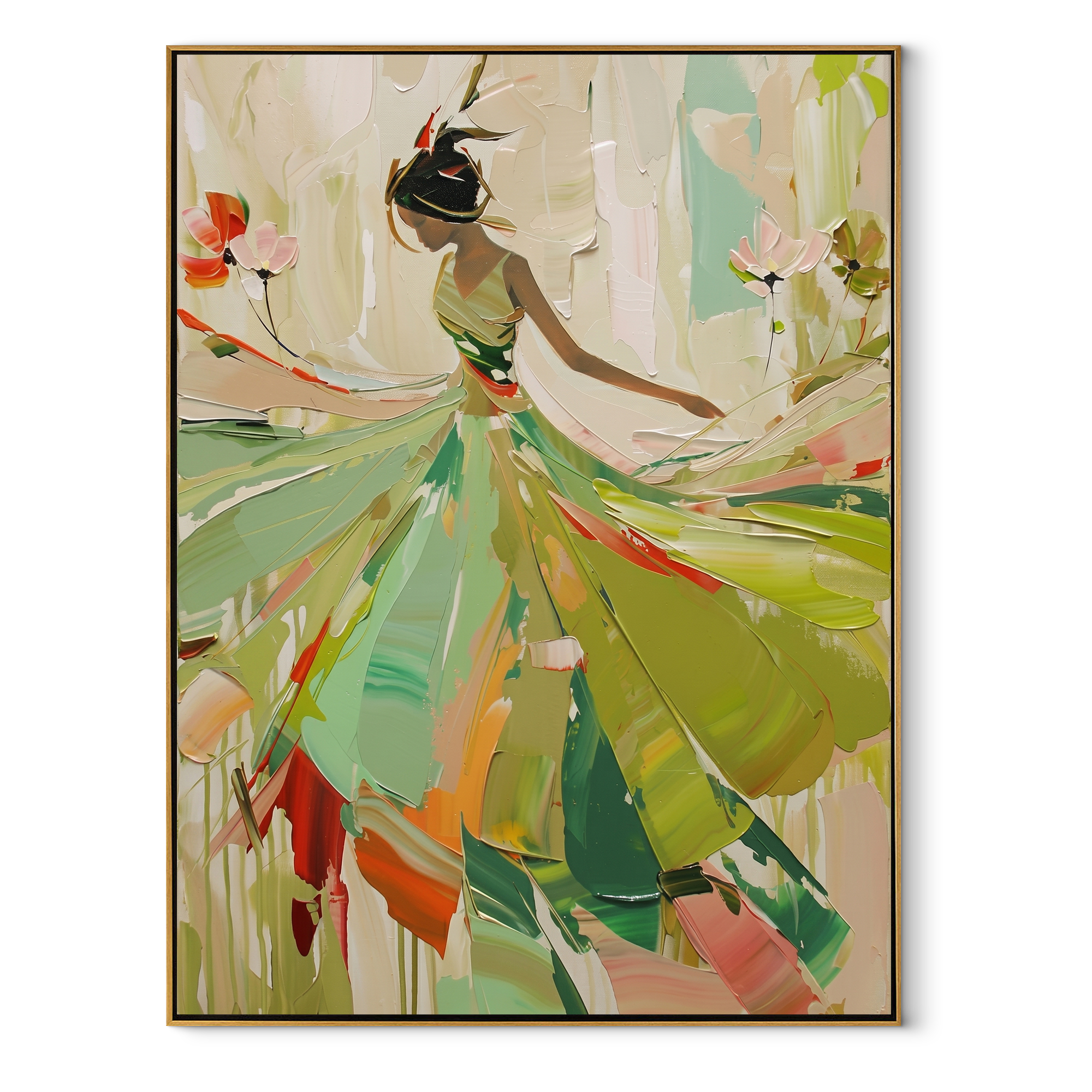 Green Dress Spins Spring - green dancer in flowers by Marcus Lau, Retro Modern vertical wall art – wood frame on white background