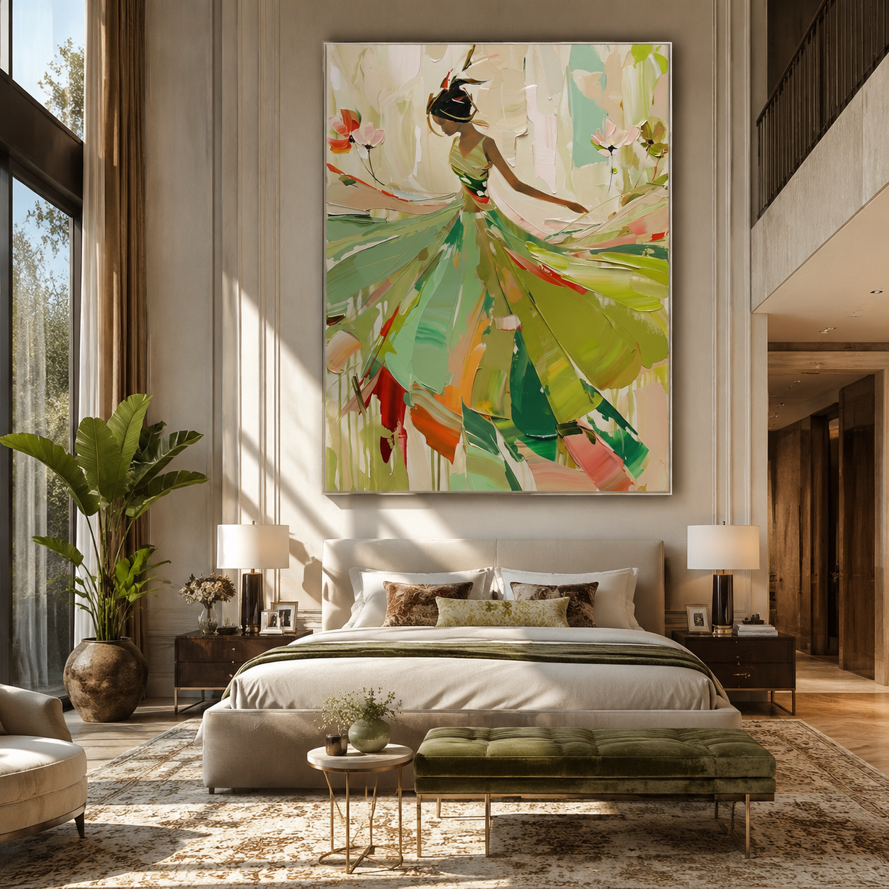 Green Dress Spins Spring - green dancer in flowers by Marcus Lau, Retro Modern vertical wall art – styled room scene view 2