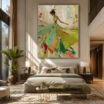 Green Dress Spins Spring - green dancer in flowers by Marcus Lau, Retro Modern vertical wall art – styled room scene view 2