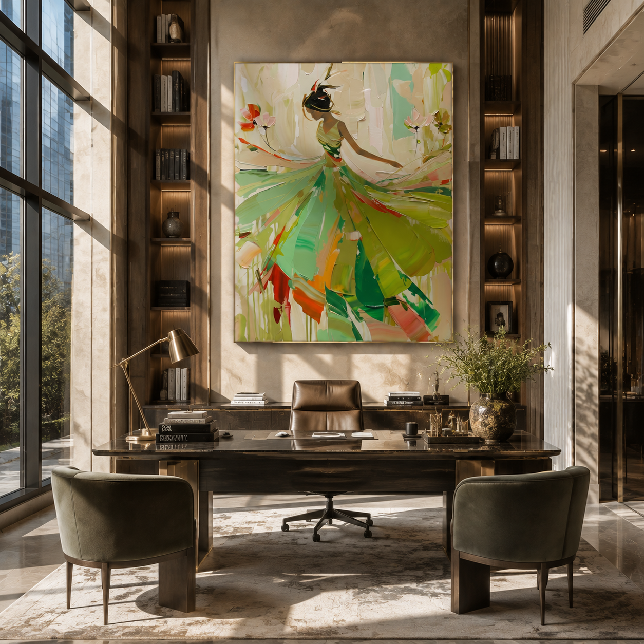 Green Dress Spins Spring - green dancer in flowers by Marcus Lau, Retro Modern vertical wall art – styled room scene view 3
