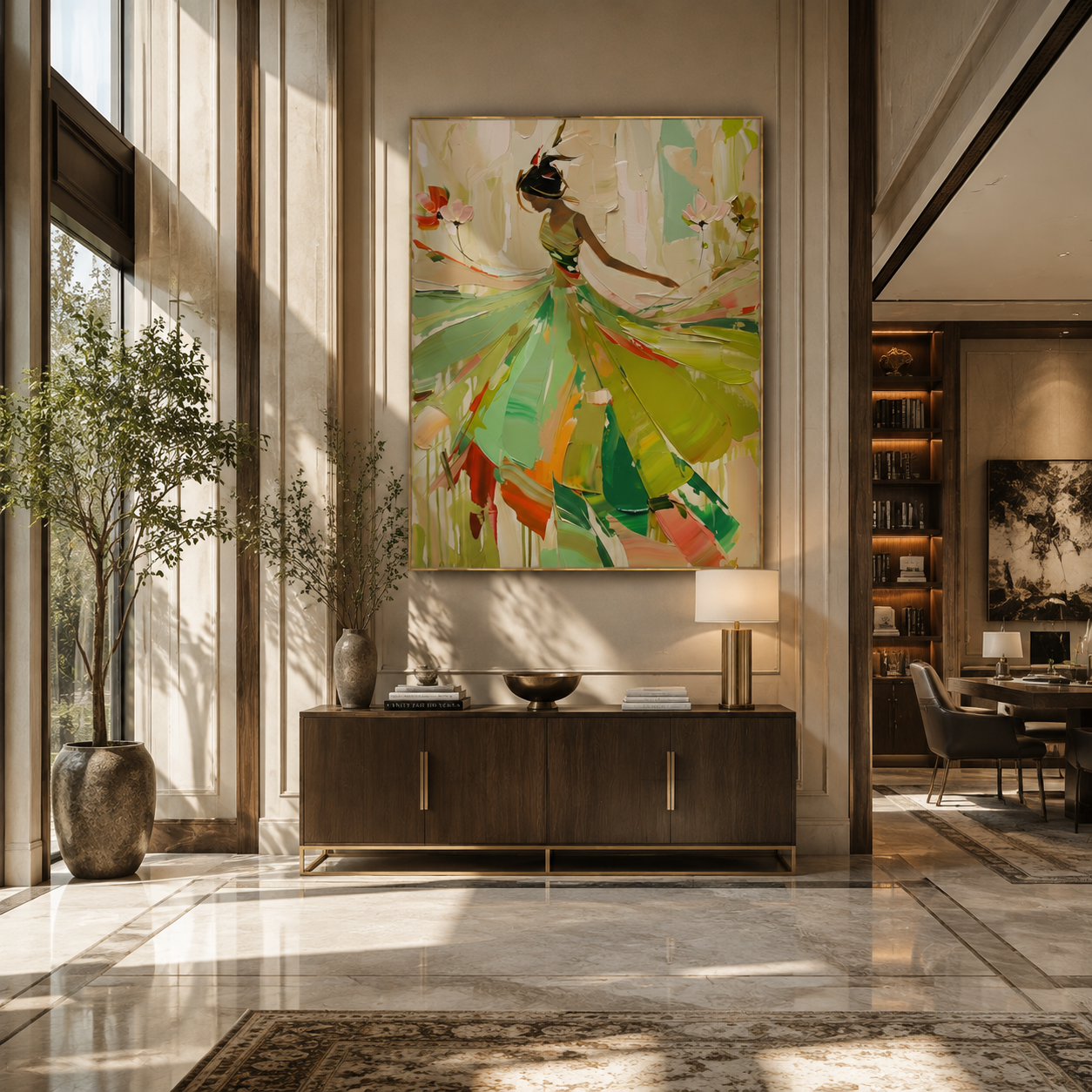 Green Dress Spins Spring - green dancer in flowers by Marcus Lau, Retro Modern vertical wall art – styled room scene view 4