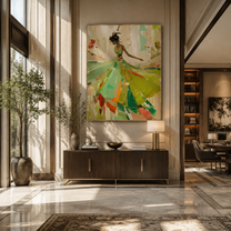 Green Dress Spins Spring - green dancer in flowers by Marcus Lau, Retro Modern vertical wall art – styled room scene view 4