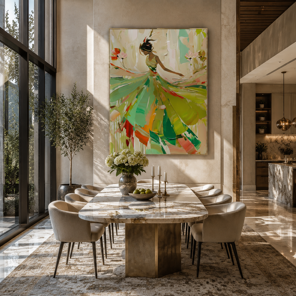 Green Dress Spins Spring - green dancer in flowers by Marcus Lau, Retro Modern vertical wall art – styled room scene view 5