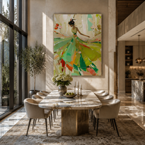 Green Dress Spins Spring - green dancer in flowers by Marcus Lau, Retro Modern vertical wall art – styled room scene view 5