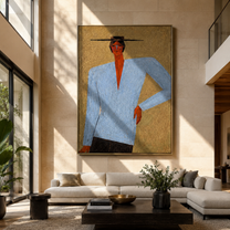 Blue Suit Stands Sharp - blue suit standing figure by Marcus Lau, Retro Modern vertical wall art – styled room scene view 1