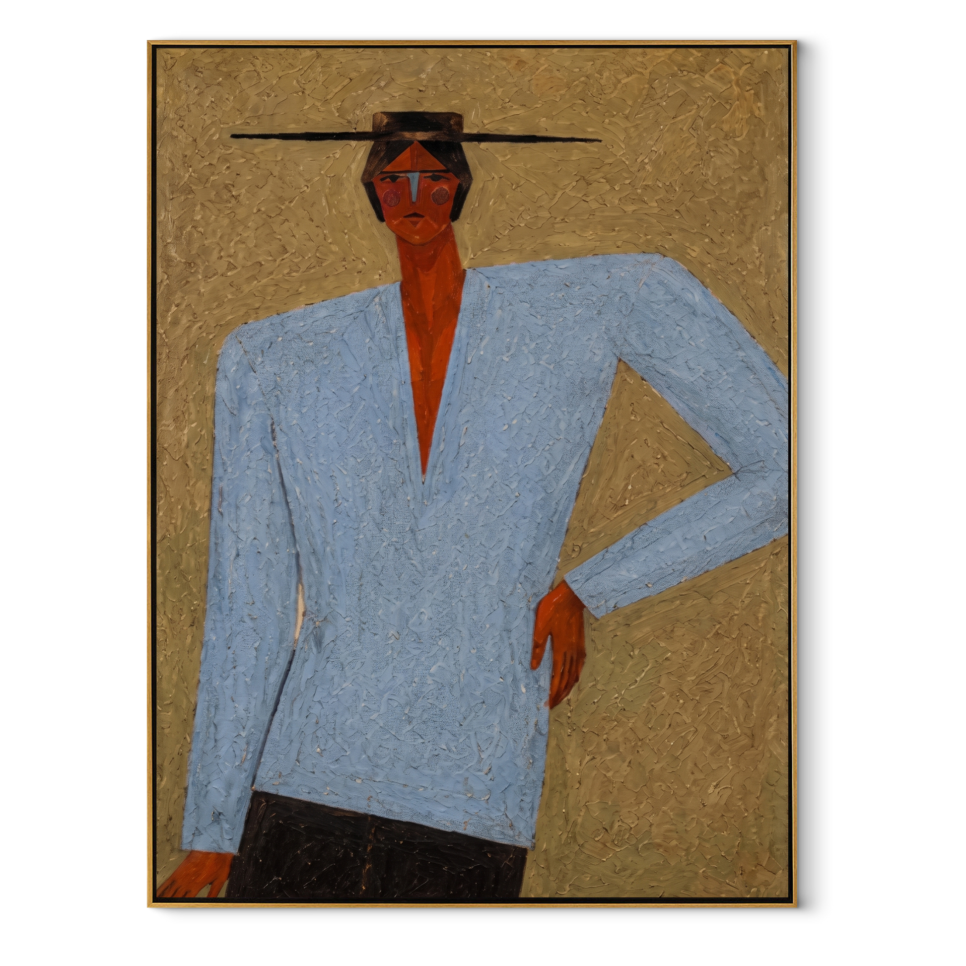Blue Suit Stands Sharp - blue suit standing figure by Marcus Lau, Retro Modern vertical wall art – wood frame on white background