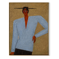 Blue Suit Stands Sharp - blue suit standing figure by Marcus Lau, Retro Modern vertical wall art – wood frame on white background