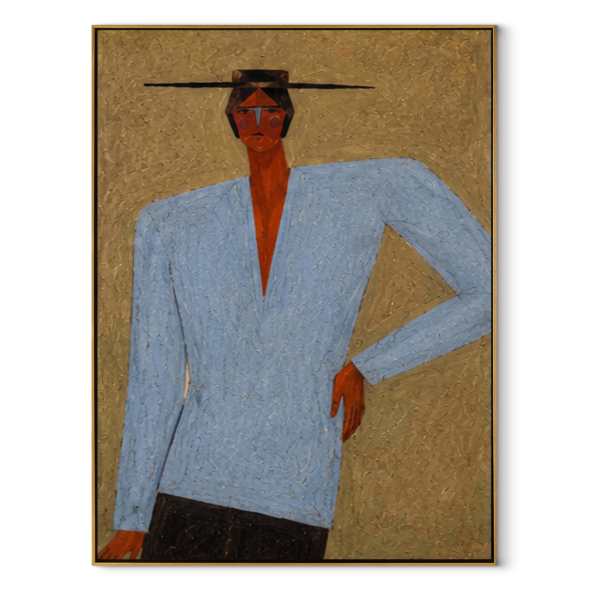 Blue Suit Stands Sharp - blue suit standing figure by Marcus Lau, Retro Modern vertical wall art – wood frame on white background