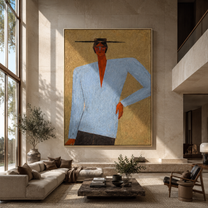 Blue Suit Stands Sharp - blue suit standing figure by Marcus Lau, Retro Modern vertical wall art – styled room scene view 2